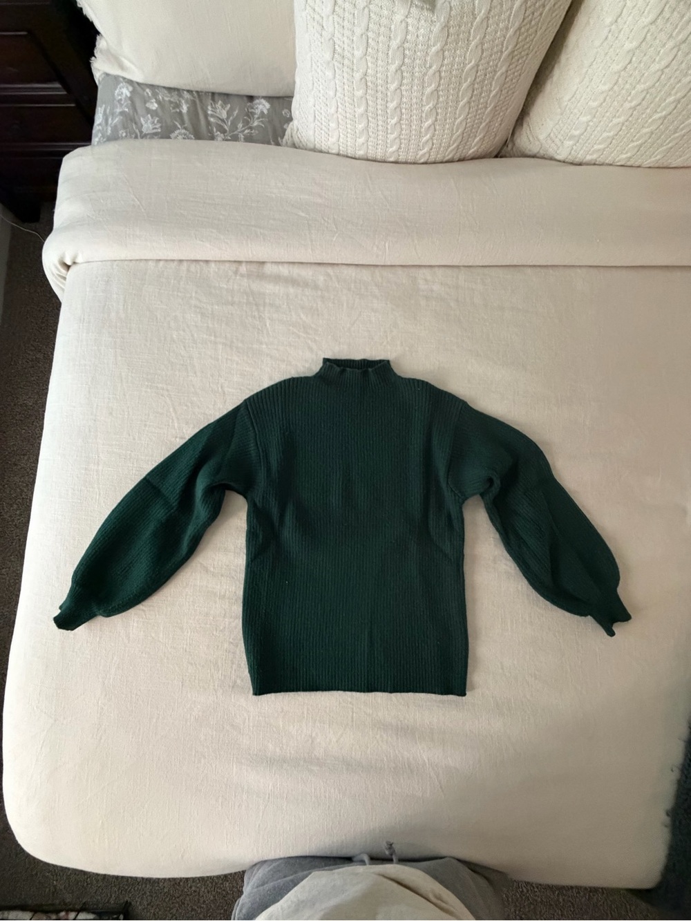 Anthropologie Deep Green Mock Neck Sweater with Balloon Sleeves